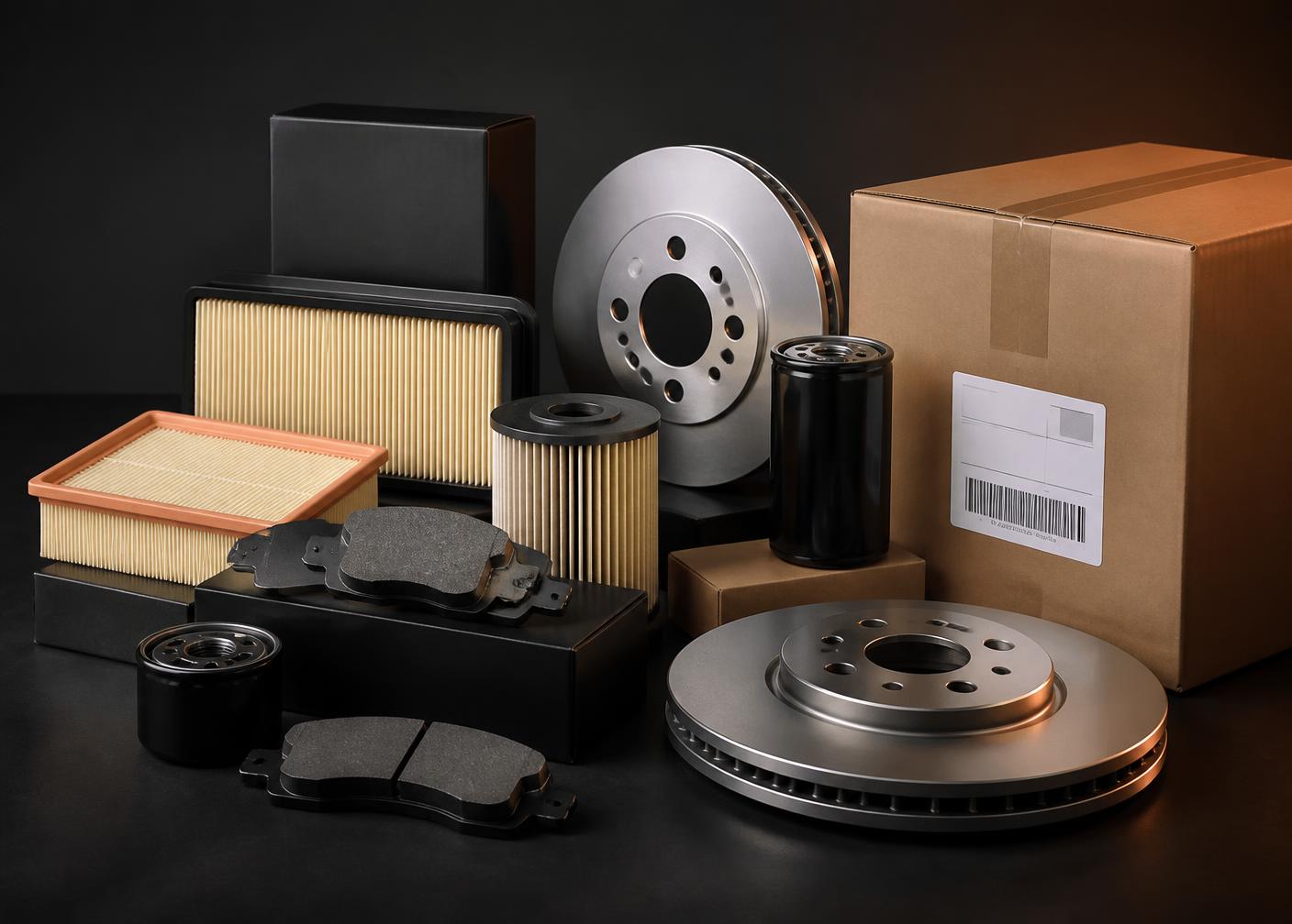 Studio view of maintenance parts — air and oil filters, brake pads and discs — packed and labelled for consolidated export